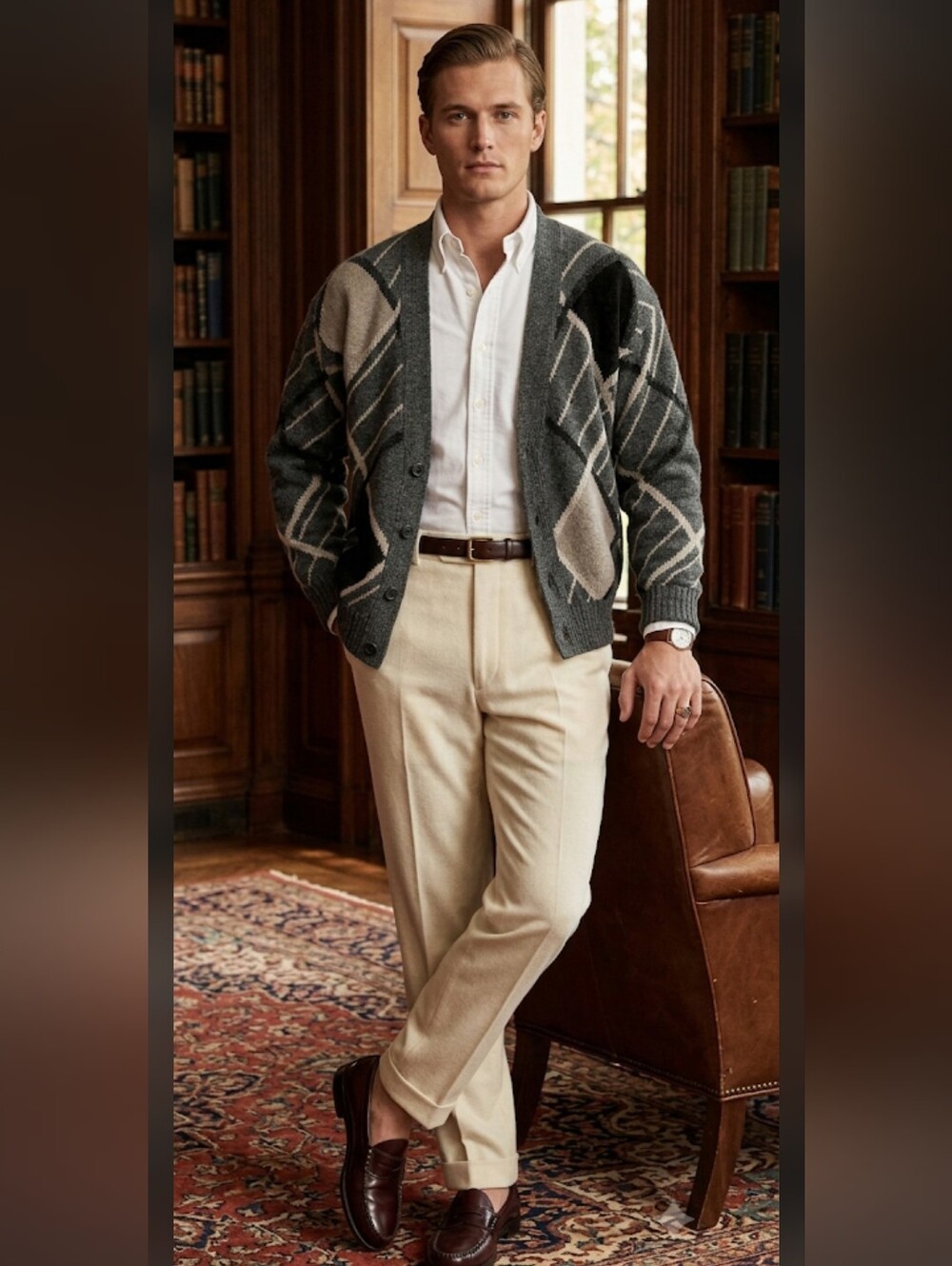 Alan Stuart Vintage Cardigan Sweater Mens L Argyle Old Money Grandpacore #120t